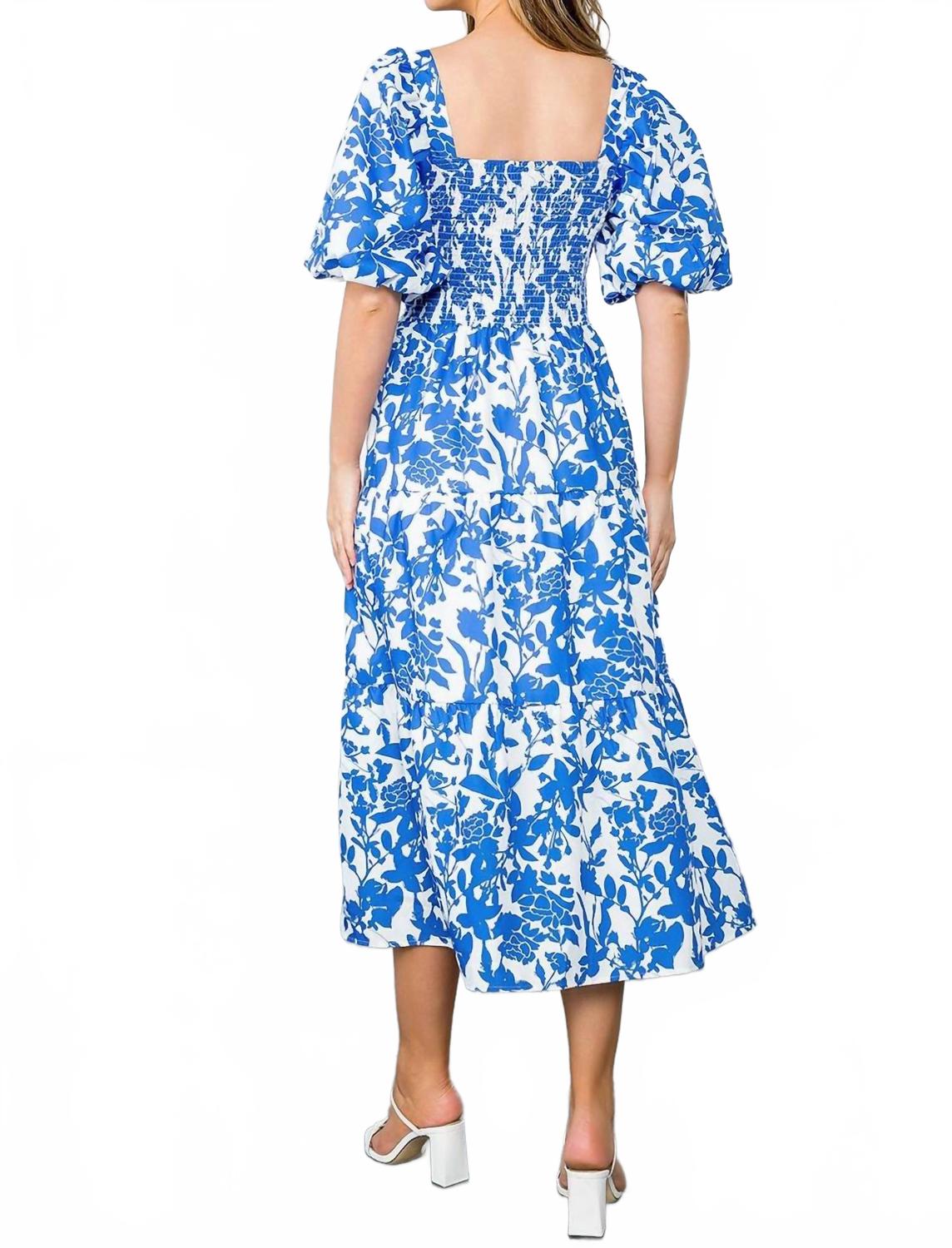 Puff Sleeve Floral Midi Dress In Blue