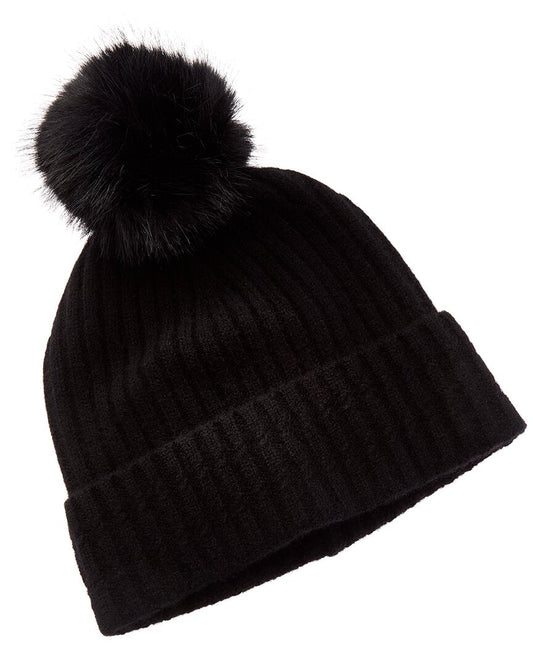 Amicale Cashmere Cable Detail Rib Cuffed Cashmere Hat