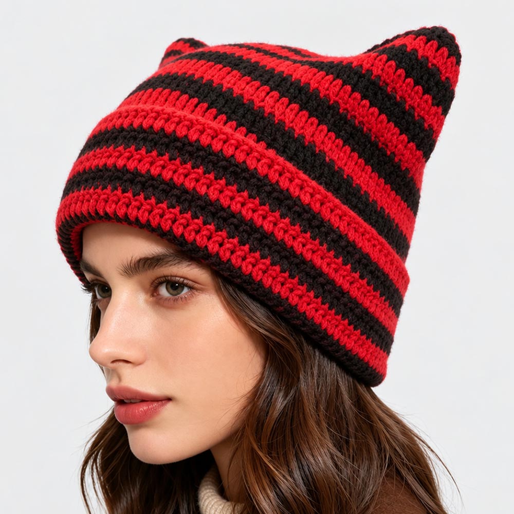 Striped Crochet Cat Ear Winter Beanie Hat