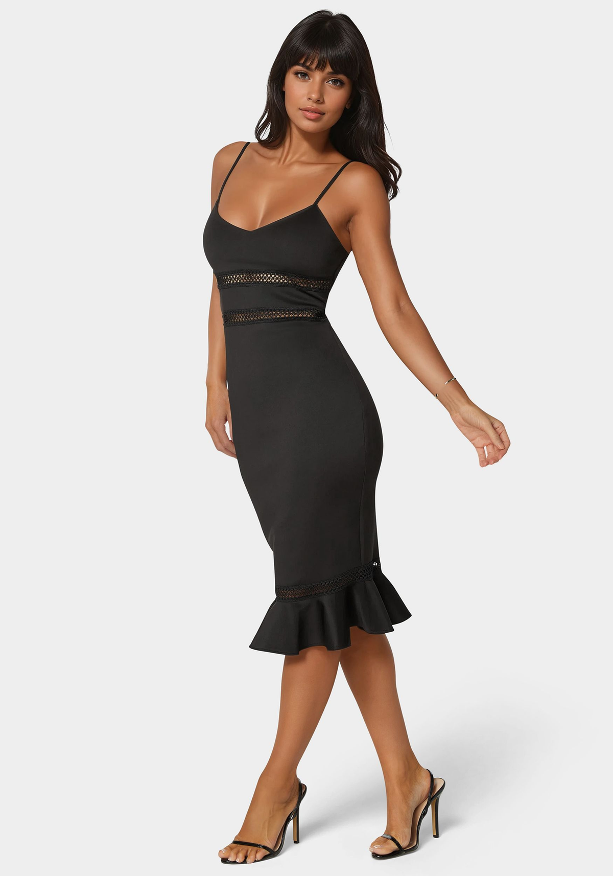 Bebe Women's Lace Trim Flounce Midi Dress
