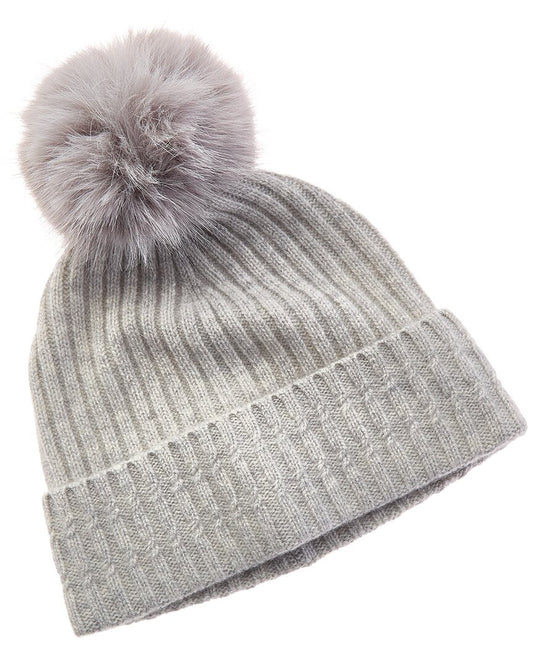 Amicale Cashmere Cable Detail Rib Cuffed Cashmere Hat