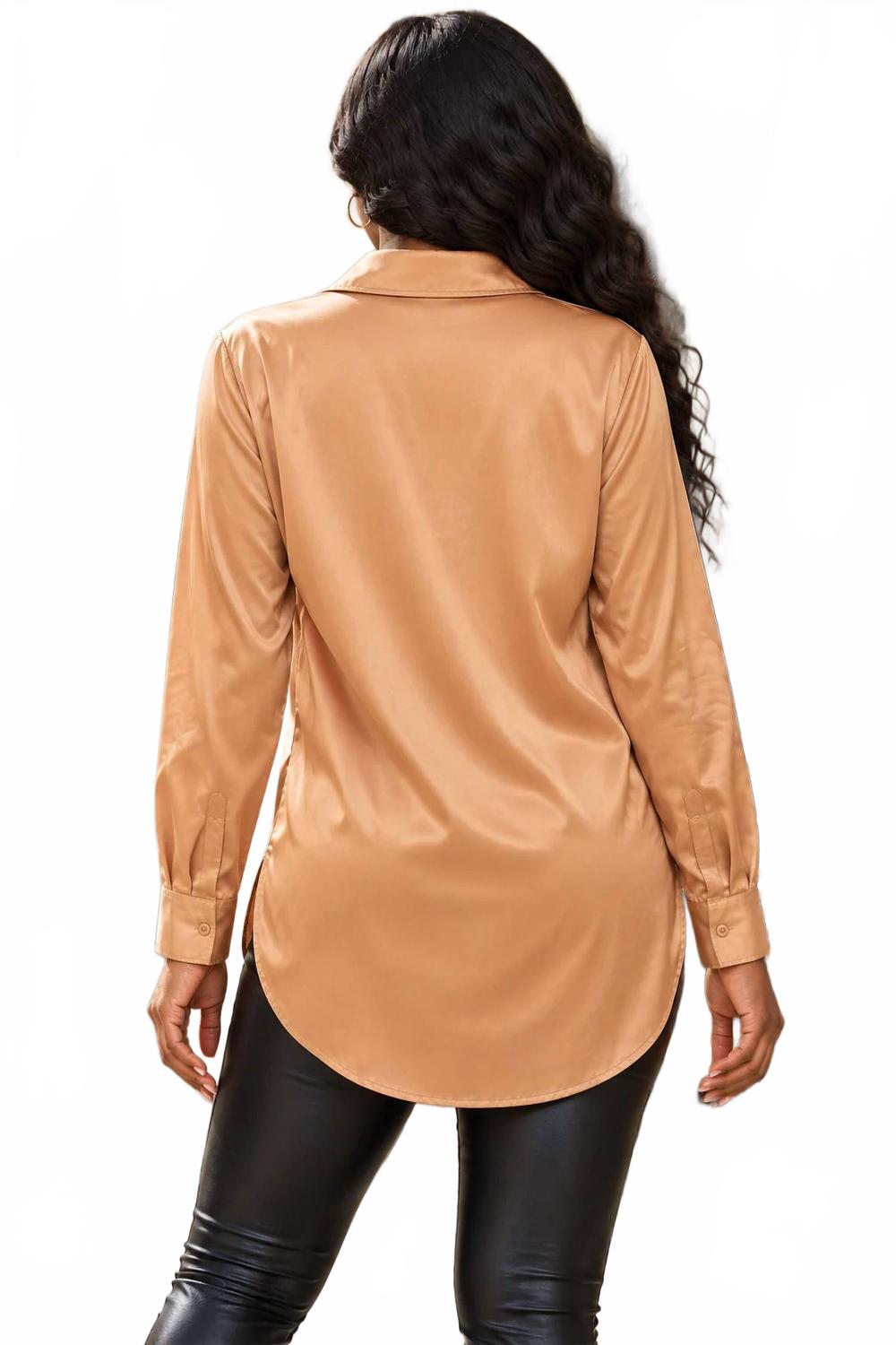 Women's Classic Satin Button Down Shirt In Tan