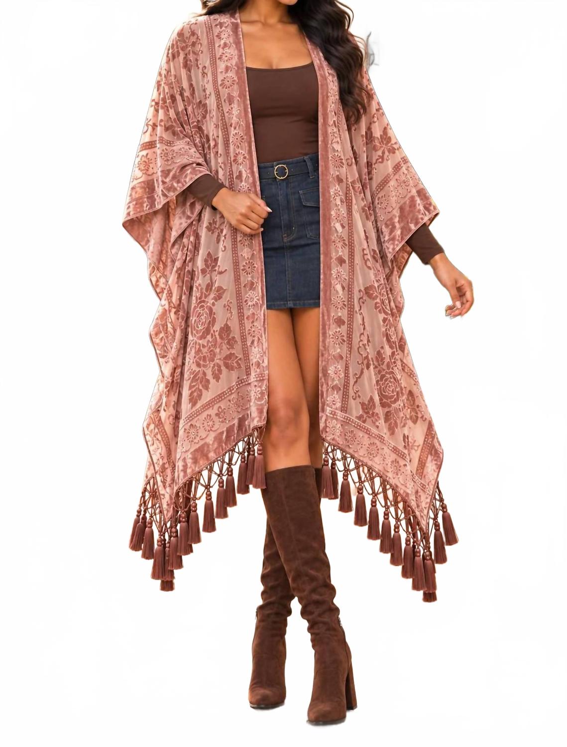 Women's Velvet Burnout Tassel Kimono In Rose