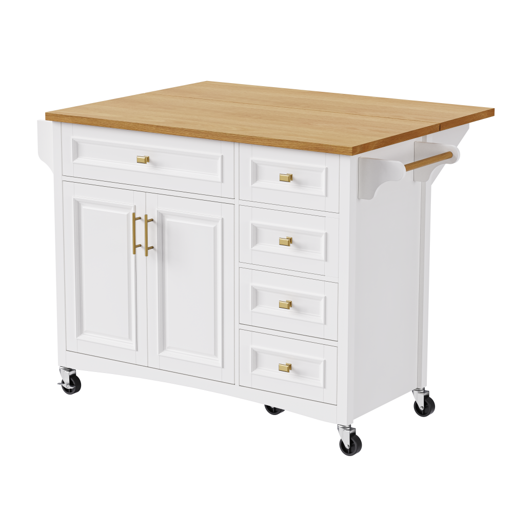 Embossed Kitchen Island with Five Drawers, Double Doors, and Extra Workspace