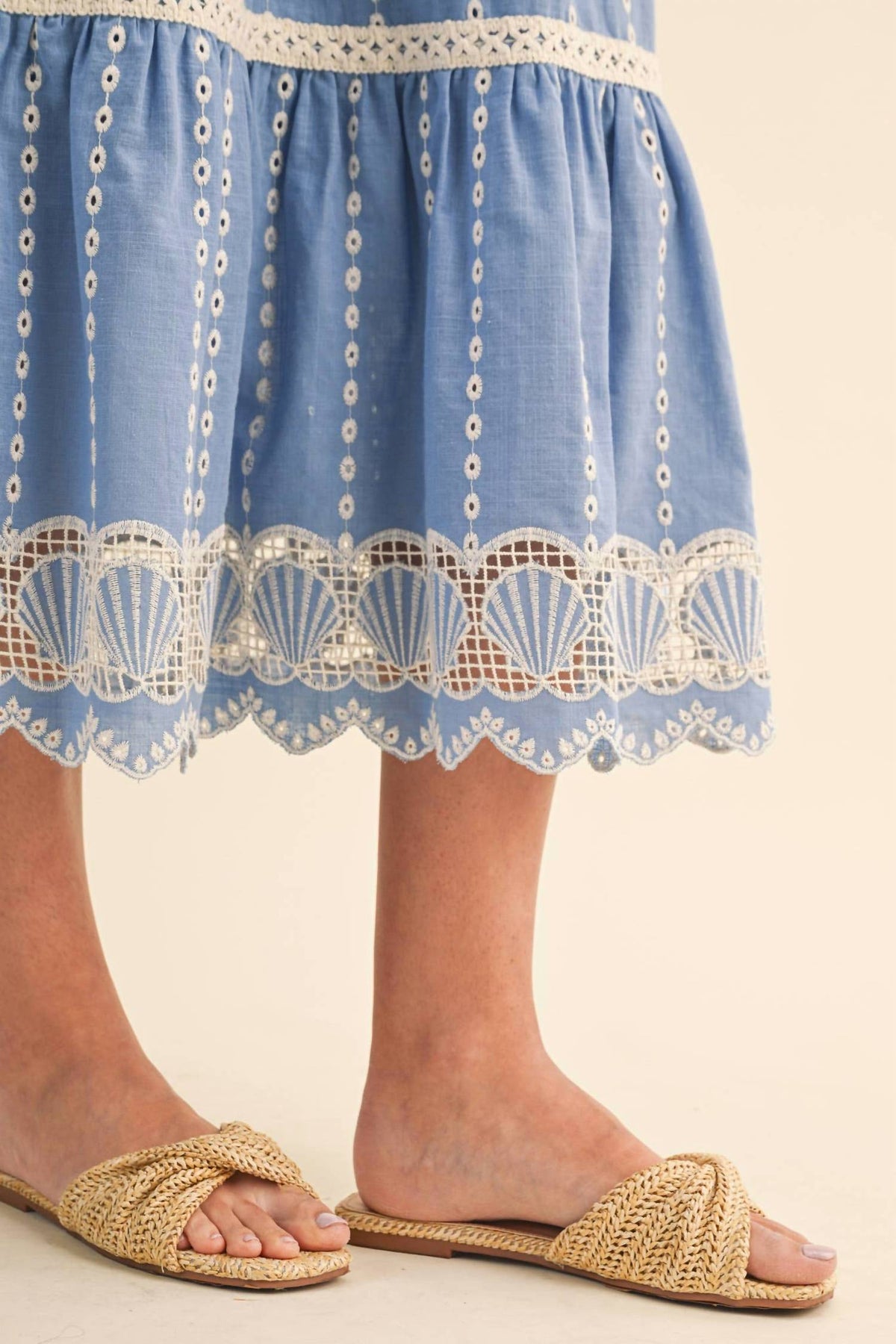Embroidered Eyelet Seashell Hem Midi Dress In Ocean Blue