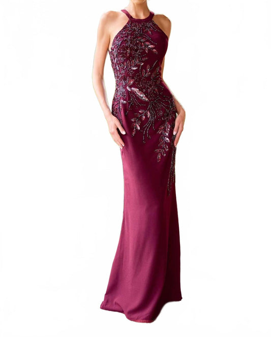 Beaded High Halter Dress In Burgundy