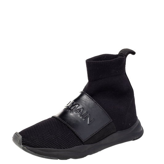 Balmain Black Leather And Knit Fabric Cameron High Top Sneakers Size 35