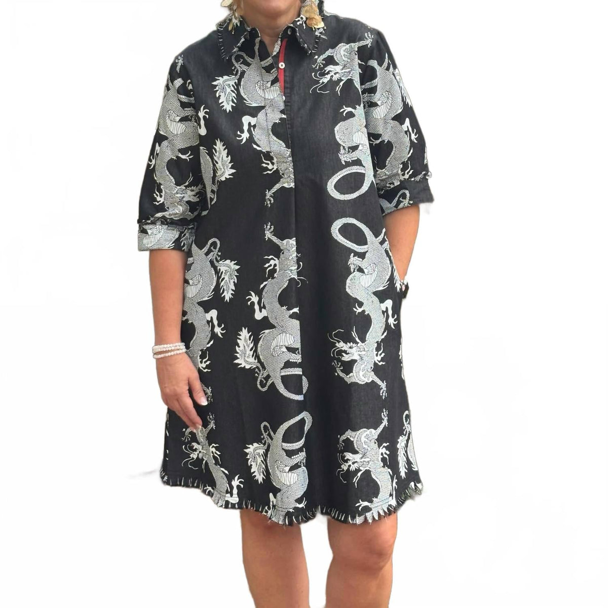 Chatham Dress In Black/ White Denim Dragon