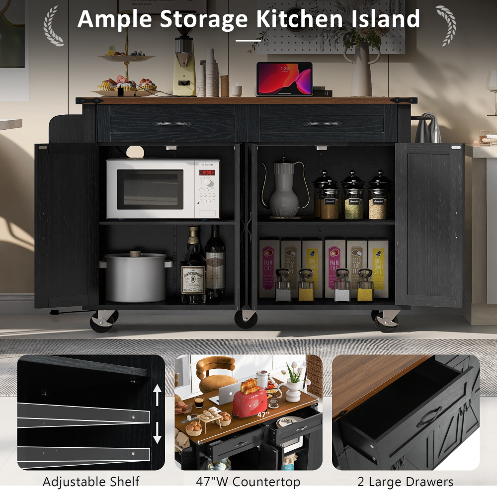 Farmhouse Kitchen Island on Wheels with Drop Leaf, Drawer, and Functional Storage