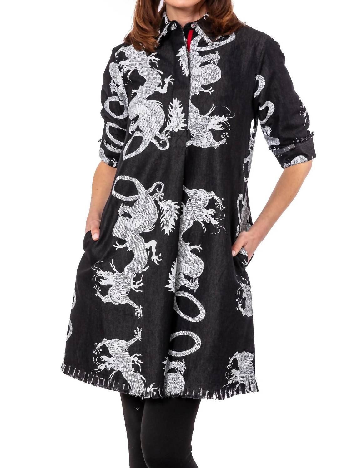Chatham Dress In Black/ White Denim Dragon