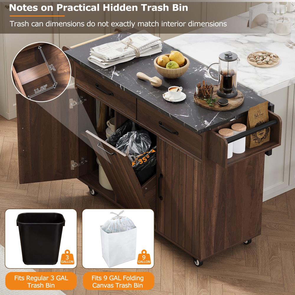Kitchen Prep Island with Hidden Trash Can Cabinet and Adjustable Storage Shelf