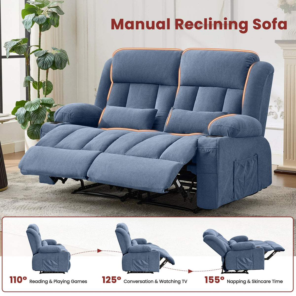 Dual-Seater Reclining Couch with Side Pockets and Convenient Drink Holders