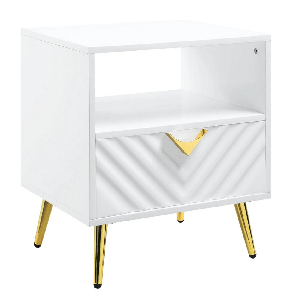 Tyra 22 Inch Wood End Table with Open Space, Wave Pattern, White, Gold