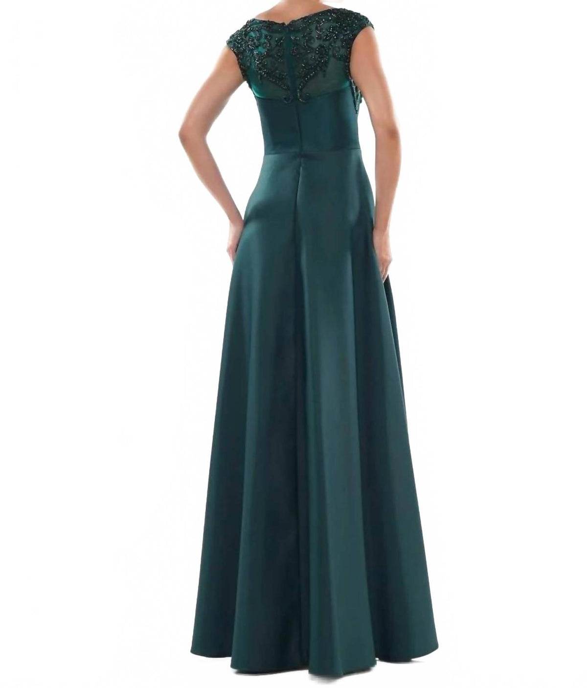 Sweetheart Bodice A-Line Gown With Beaded Illusion Bateau Neckline In Deep Green