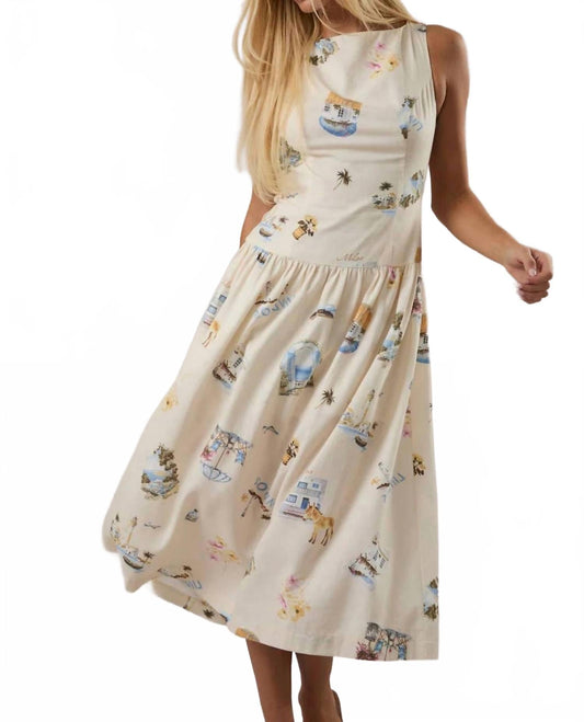 Boat Neck Drop Waist Midi Dress In Cream Multi