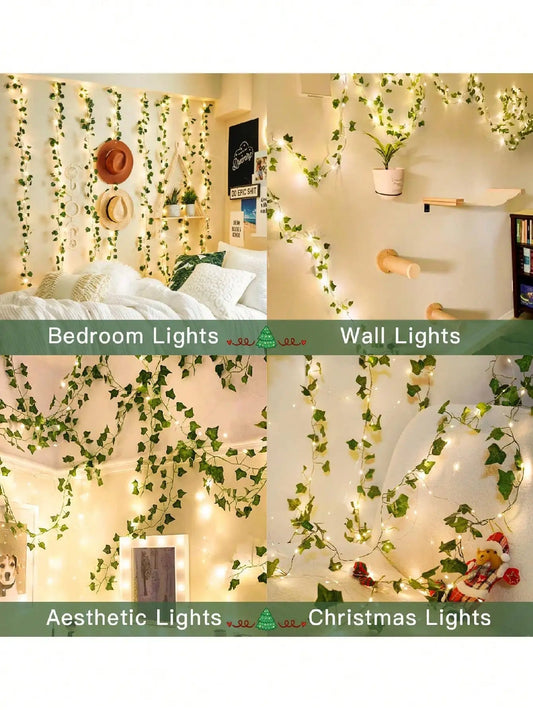 Battery-Powered 100 LED Ivy String Lights with Leaf Design for Home and Garden Decor, Ideal for Bedrooms, Walls, and Parties, 10M