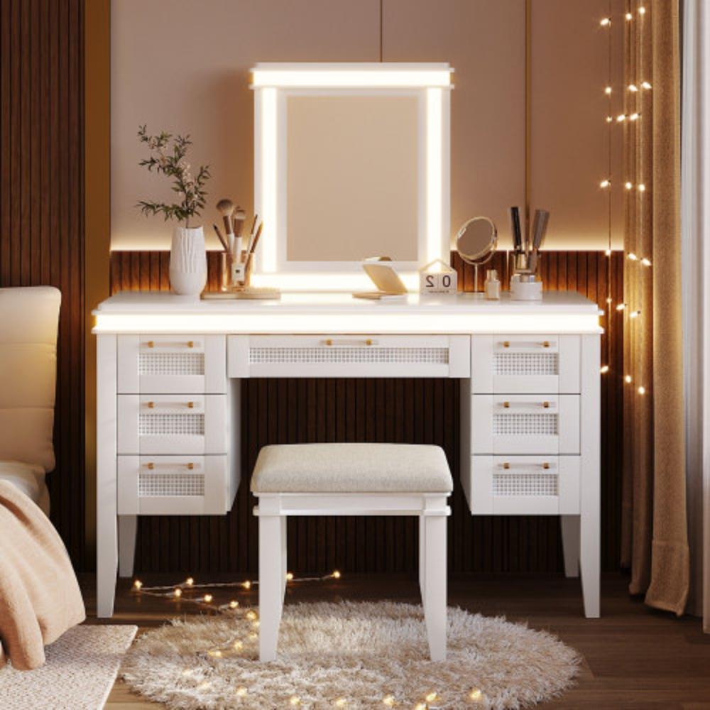 Bedroom Vanity Table with Cushioned Seat and LED Strips