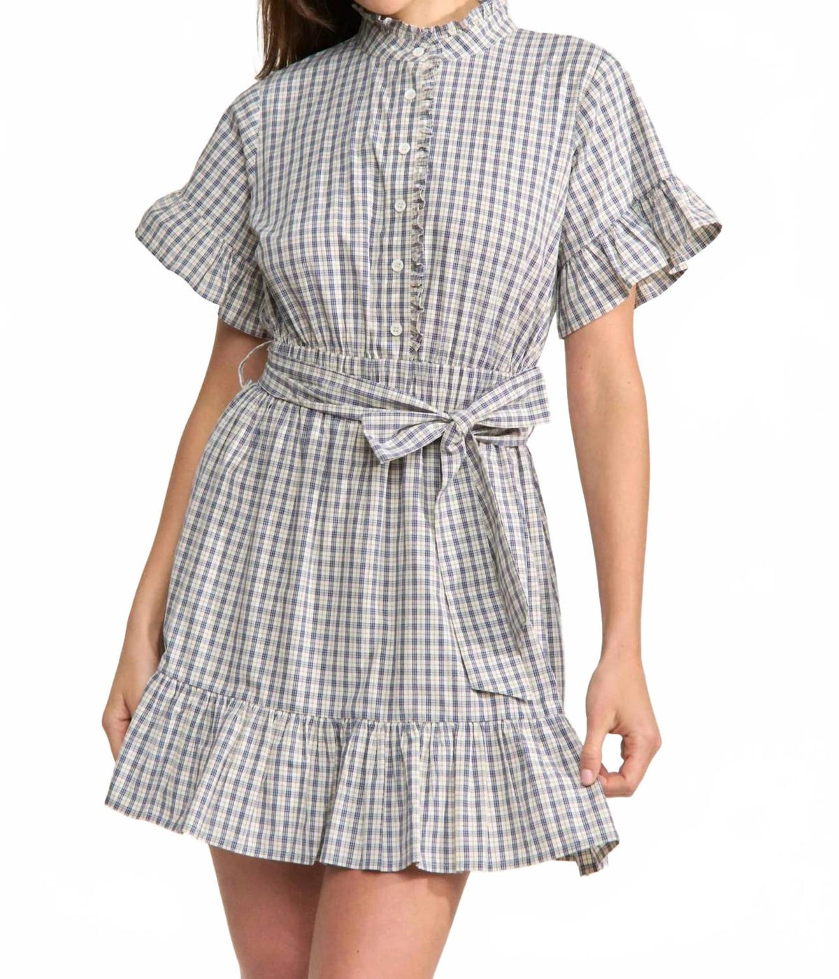 Ruffle Placket Belted Tiered Mini Dress In White Blue Navy