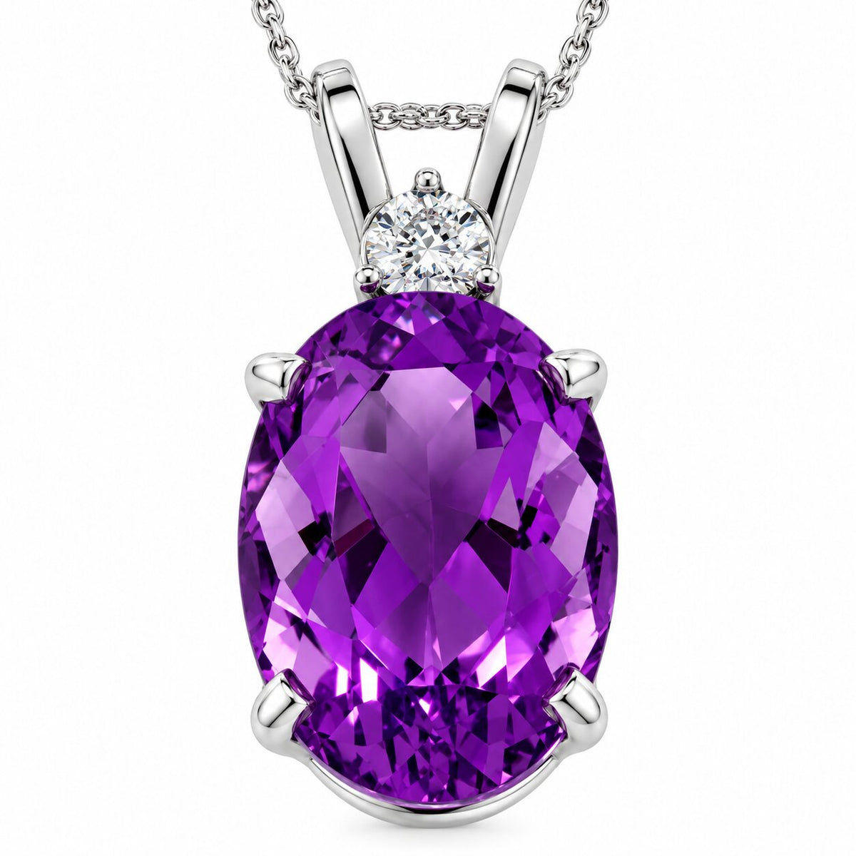 14x10mm Oval Amethyst Diamond 10k White Gold Pendant Women's Necklace 18"