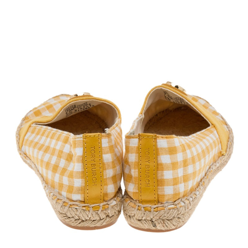 Tory Burch Yellow/White Gingham Fabric And Canvas Espadrille Flats Size 37.5