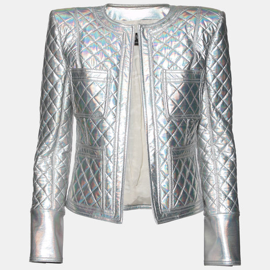 Balmain Silver Holographic Quilted Open Front Jacket M