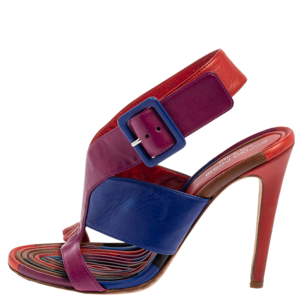 Sergio Rossi Multicolor Leather Buckle Slingback Sandals Size 37.5