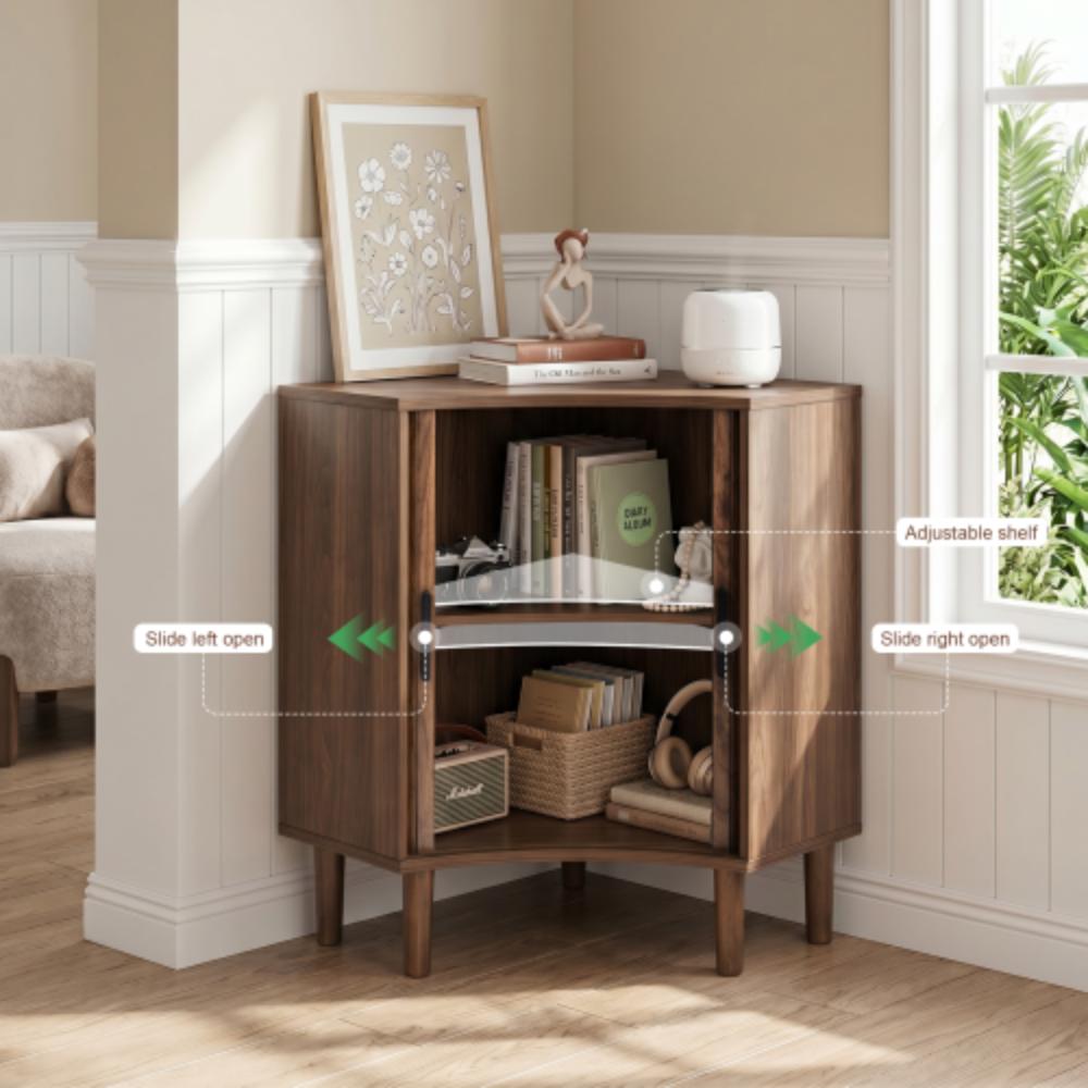 Small Corner Floor Cabinet with Fluted Wooden Design