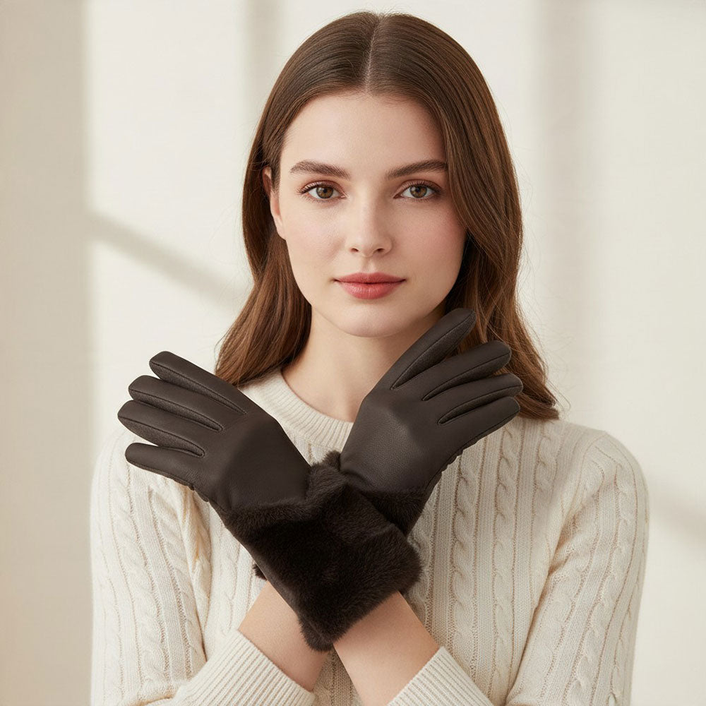 Faux Fur Cuff Trim Accent Smart Touch Winter Gloves