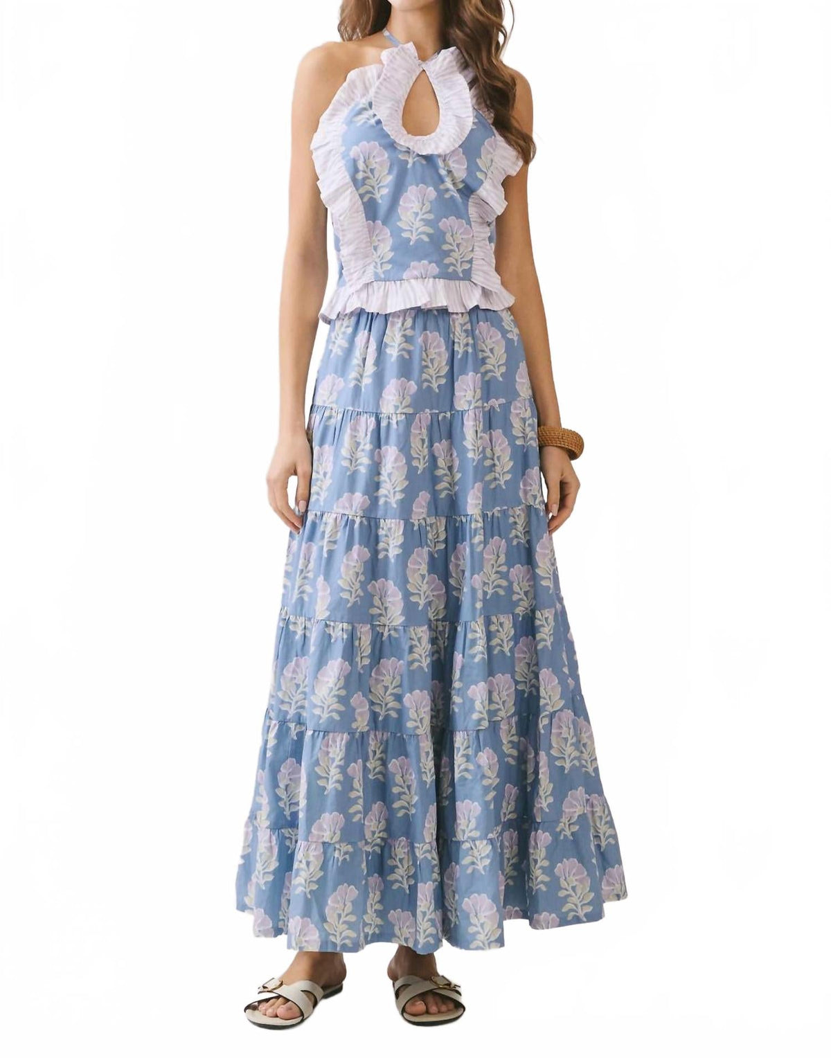 Floral Print Ruffle Keyhole Top In Blue