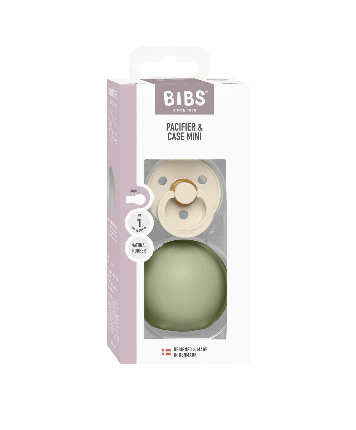 BIBS Colour Pacifier Round Latex Size 1 Ivory & Pacifier Case Mini - Sage
