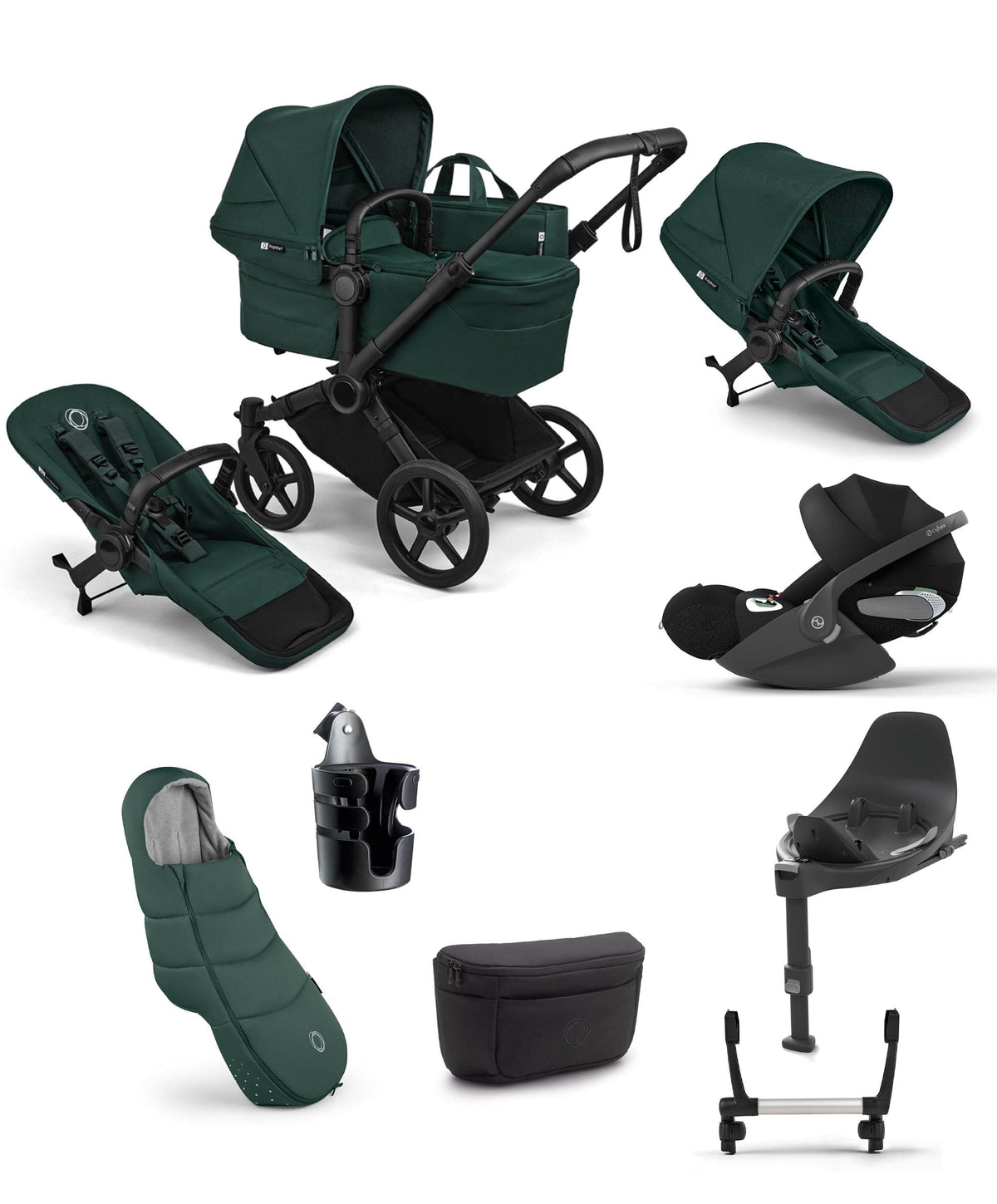 Bugaboo Donkey 6 Double Ultimate Pushchair Bundle With Cybex Cloud T i-Size Rotating Baby Car Seat & Base (8 Pieces) - Fern Green