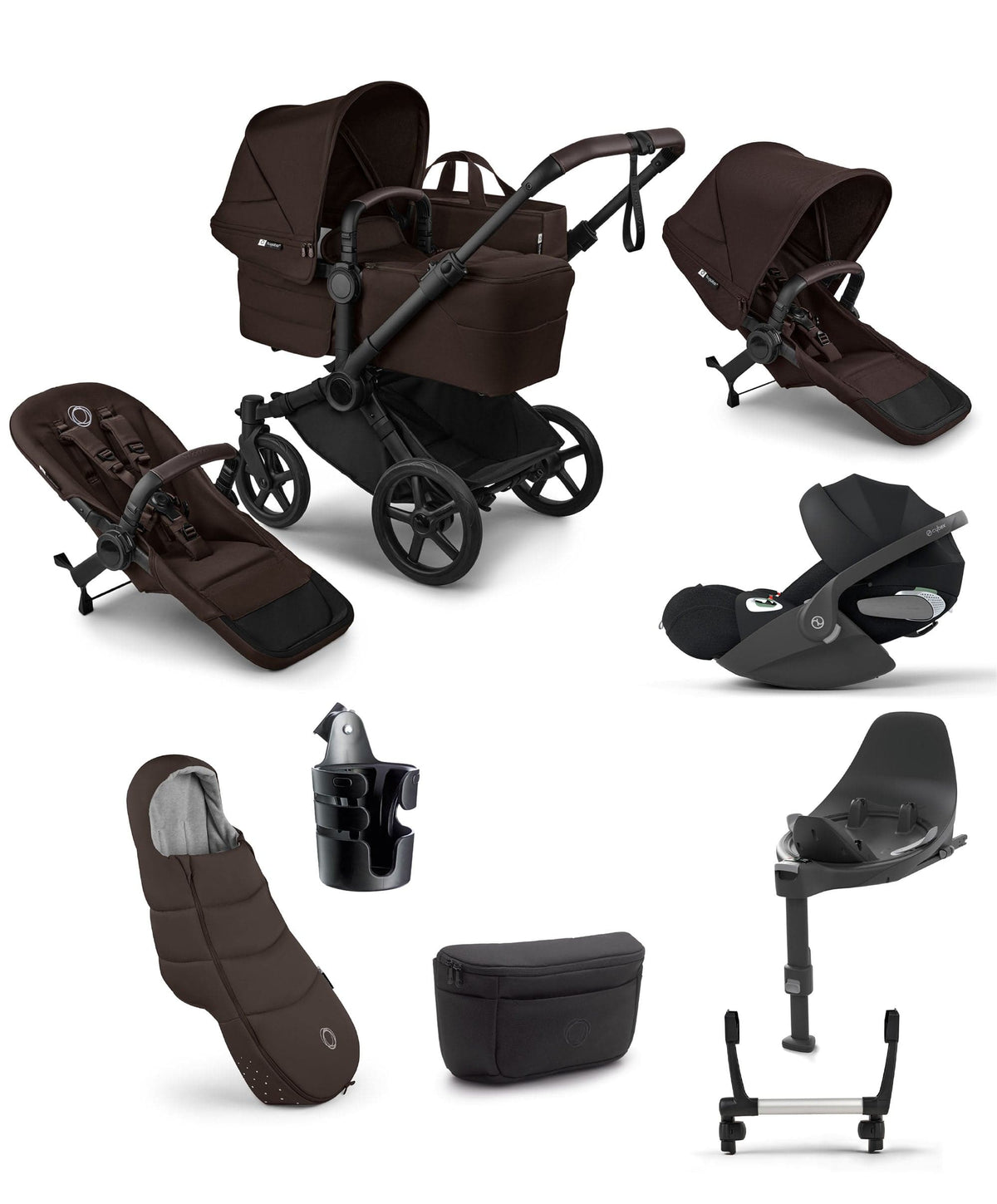 Bugaboo Donkey 6 Double Ultimate Pushchair Bundle With Cybex Cloud T Plus i-Size Rotating Baby Car Seat & Base (8 Pieces) - Cocoa Brown