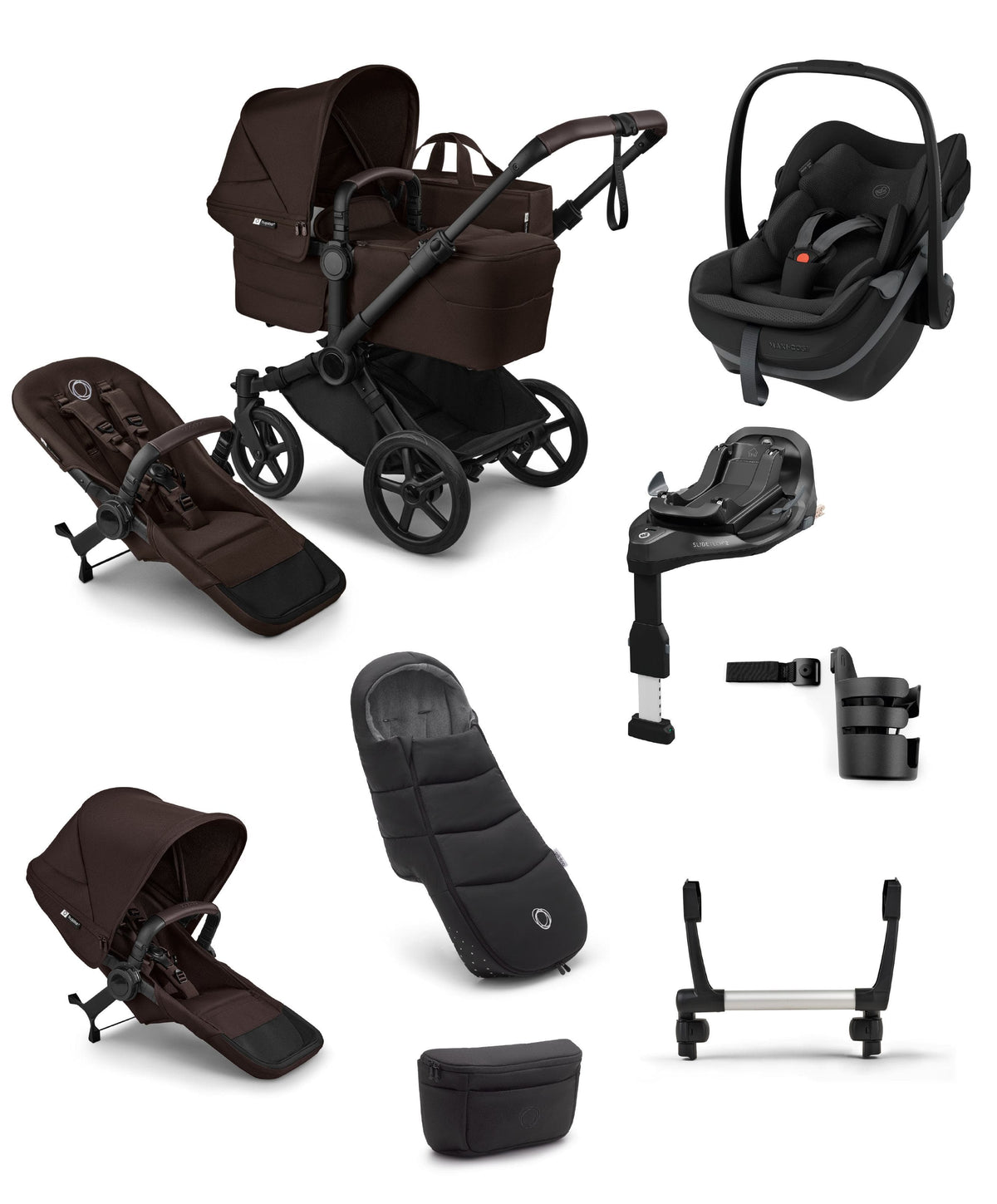 Bugaboo Donkey 6 Ultimate Double Pushchair with Maxi Cosi Pebble Slide Pro Car Seat & Base (8 Pieces) - Cocoa Brown