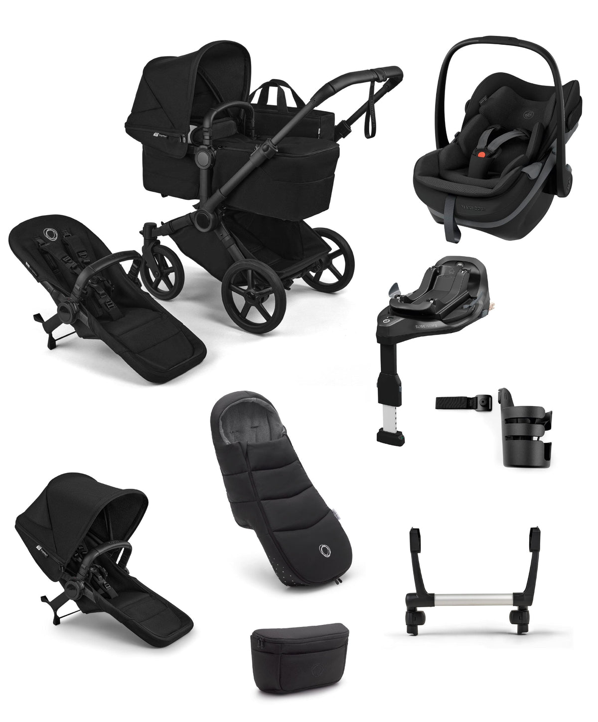 Bugaboo Donkey 6 Ultimate Double Pushchair with Maxi Cosi Pebble Slide Pro Car Seat & Base (8 Pieces) - Heritage Black
