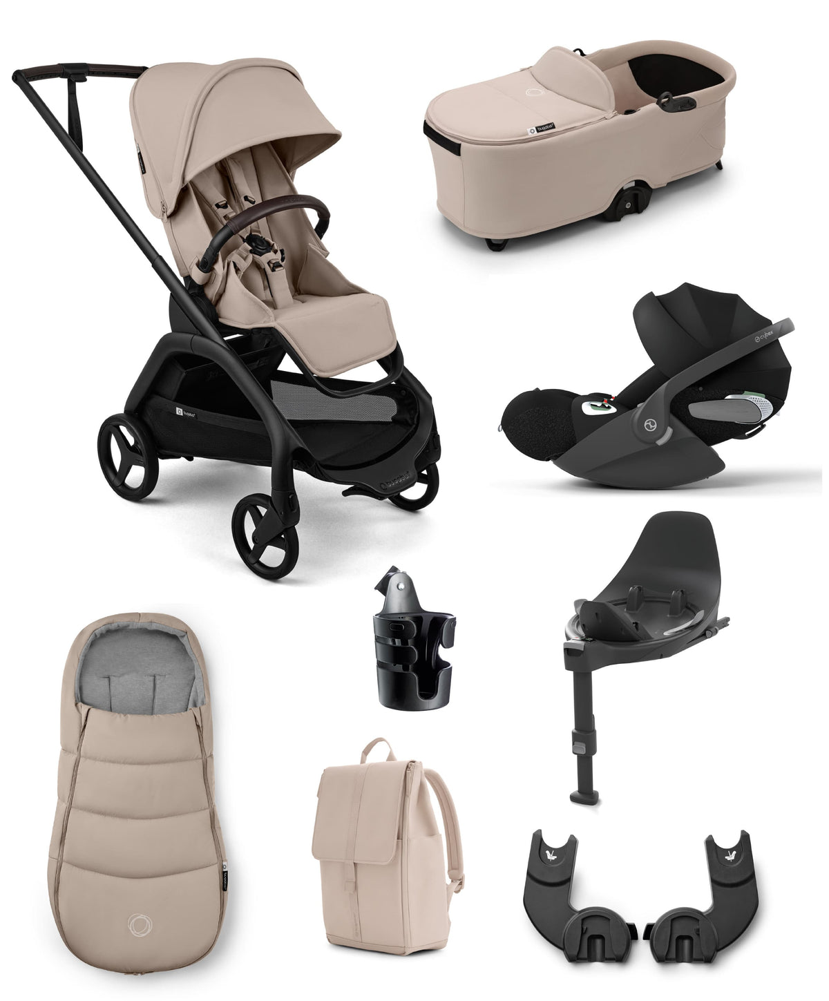 Bugaboo Dragonfly Plus Ultimate Pushchair Bundle with Cybex Cloud T i-Size Plus Rotating Baby Car Seat  & Base (8 Pieces) - Desert Taupe