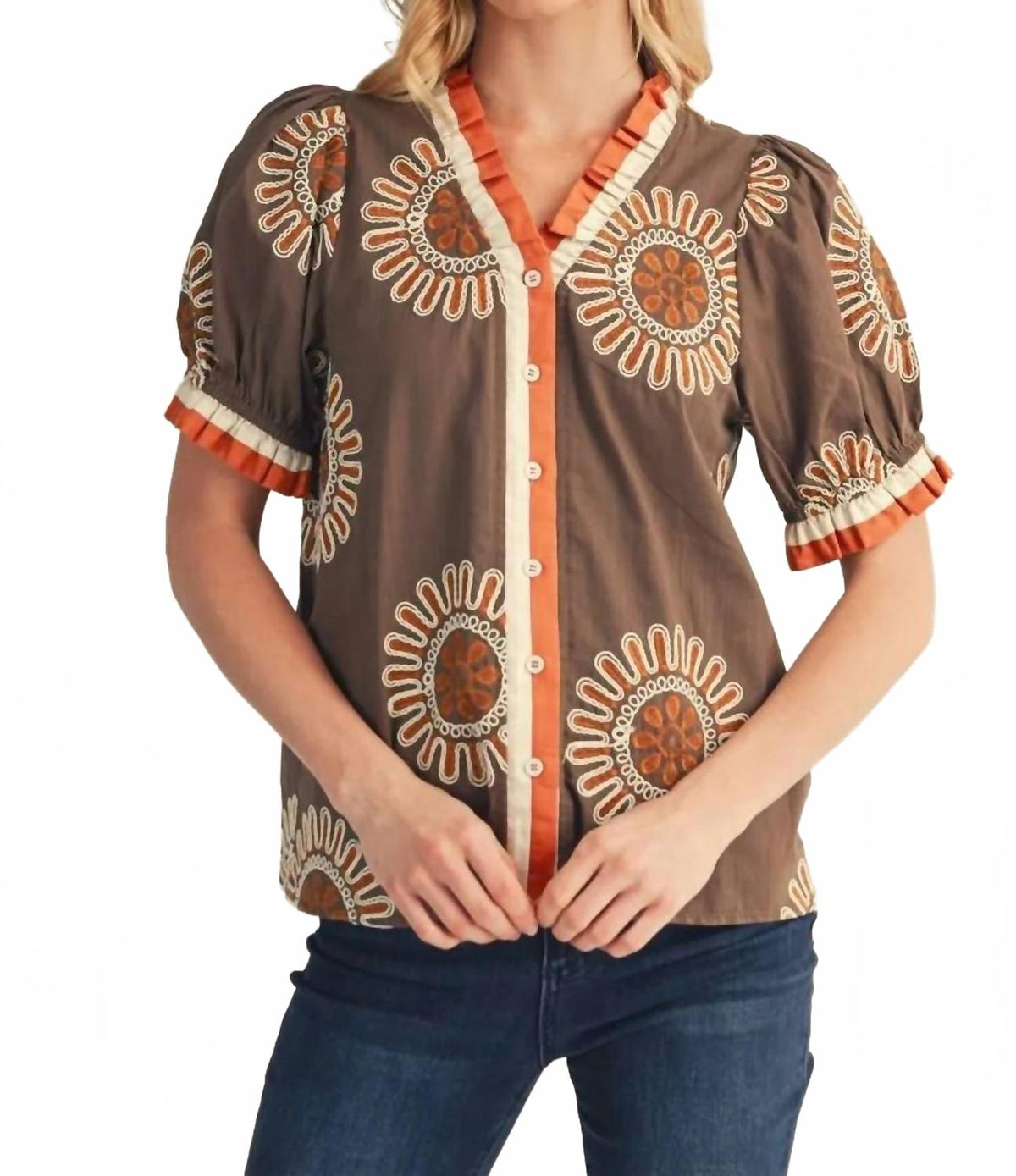 Floral Puff Sleeve Button Down Blouse In Mocha