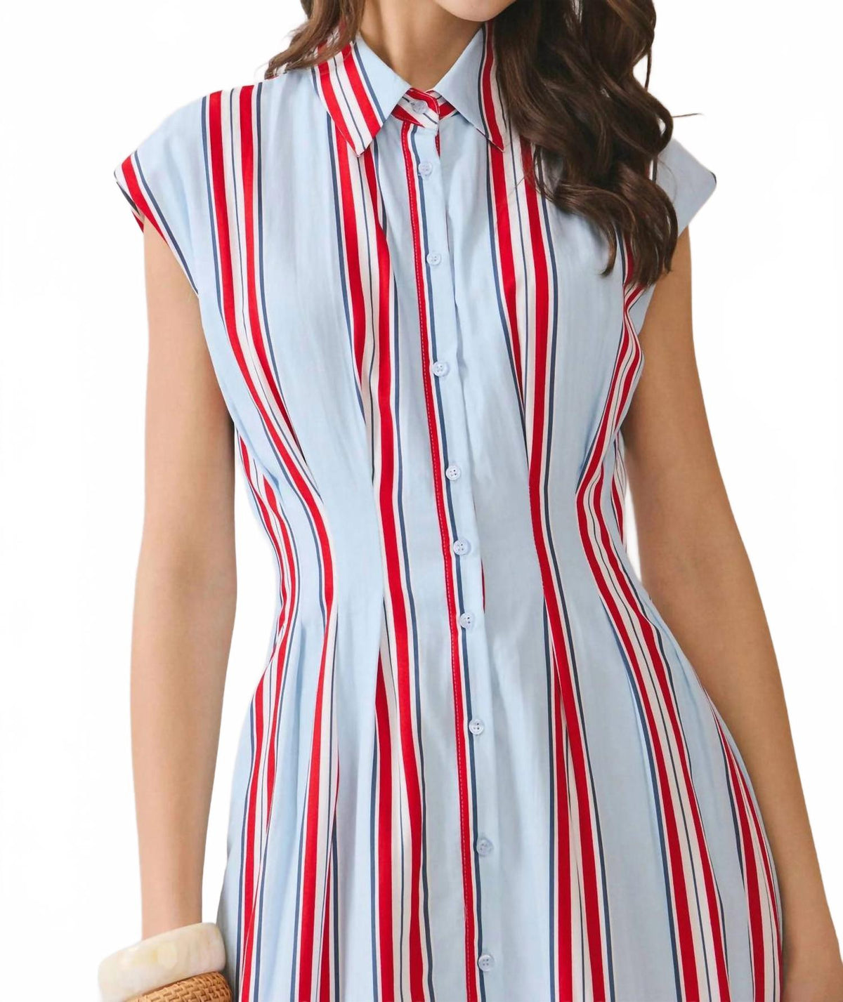 Fitted Bodice Striped Button Down Midi Dress In Red/blue