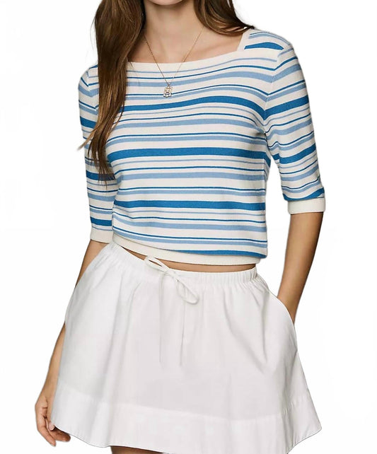 Andora Stripe Boatneck Half Sleeve Knit Top In Cloud Blue