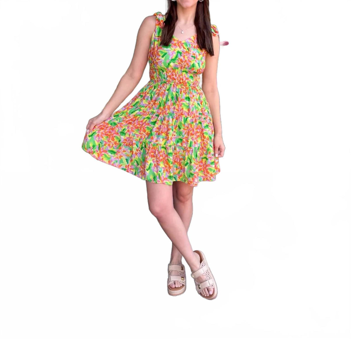 Printed Tie Strap Mini Dress In Bright Green Multi