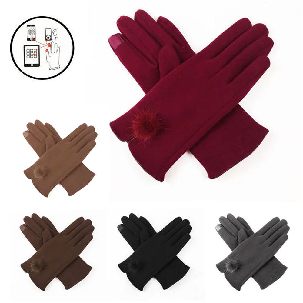 12Pairs - Pom Pom Accent Smart Touch Winter Gloves