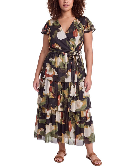 Anne Klein Plus Flutter Sleeve Tiered Midi Dress
