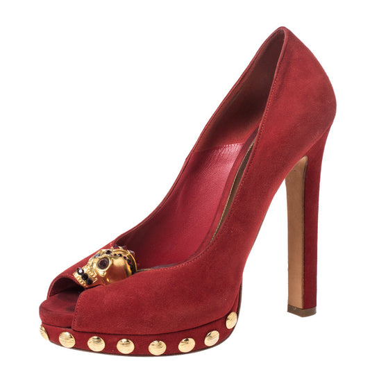 Alexander McQueen Red Suede Skull Embellished Peep Toe Pumps Size 36