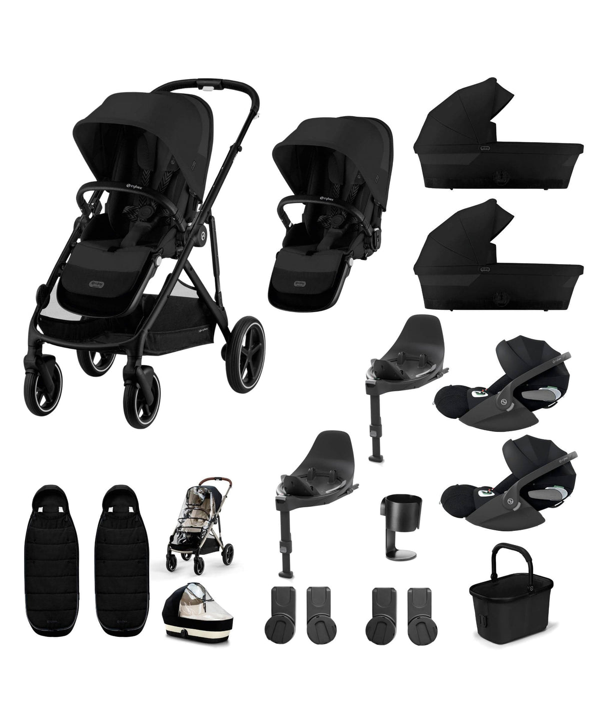 Cybex Gazelle S Twin Pushchair Bundle with Cybex Cloud T i-Size Rotating Baby Car Seat & Base (16 Pieces) - Moon Black