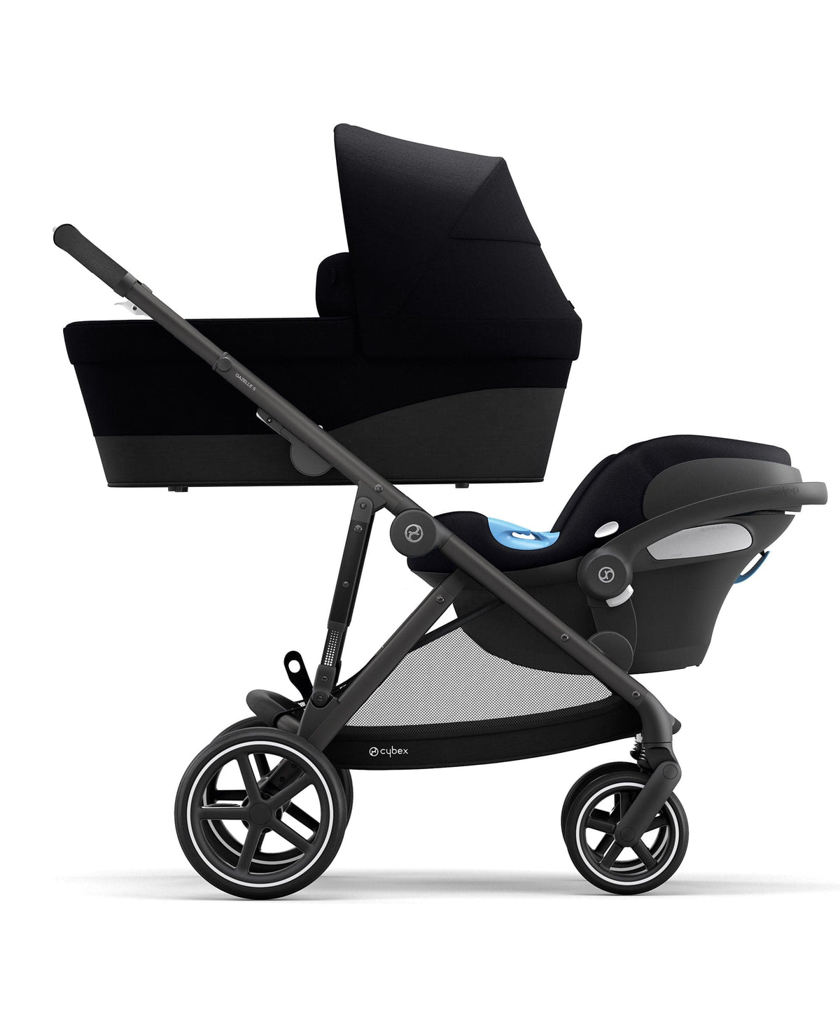 Cybex Gazelle S Twin Pushchair Bundle with Cybex Cloud T i-Size Rotating Baby Car Seat & Base (16 Pieces) - Moon Black