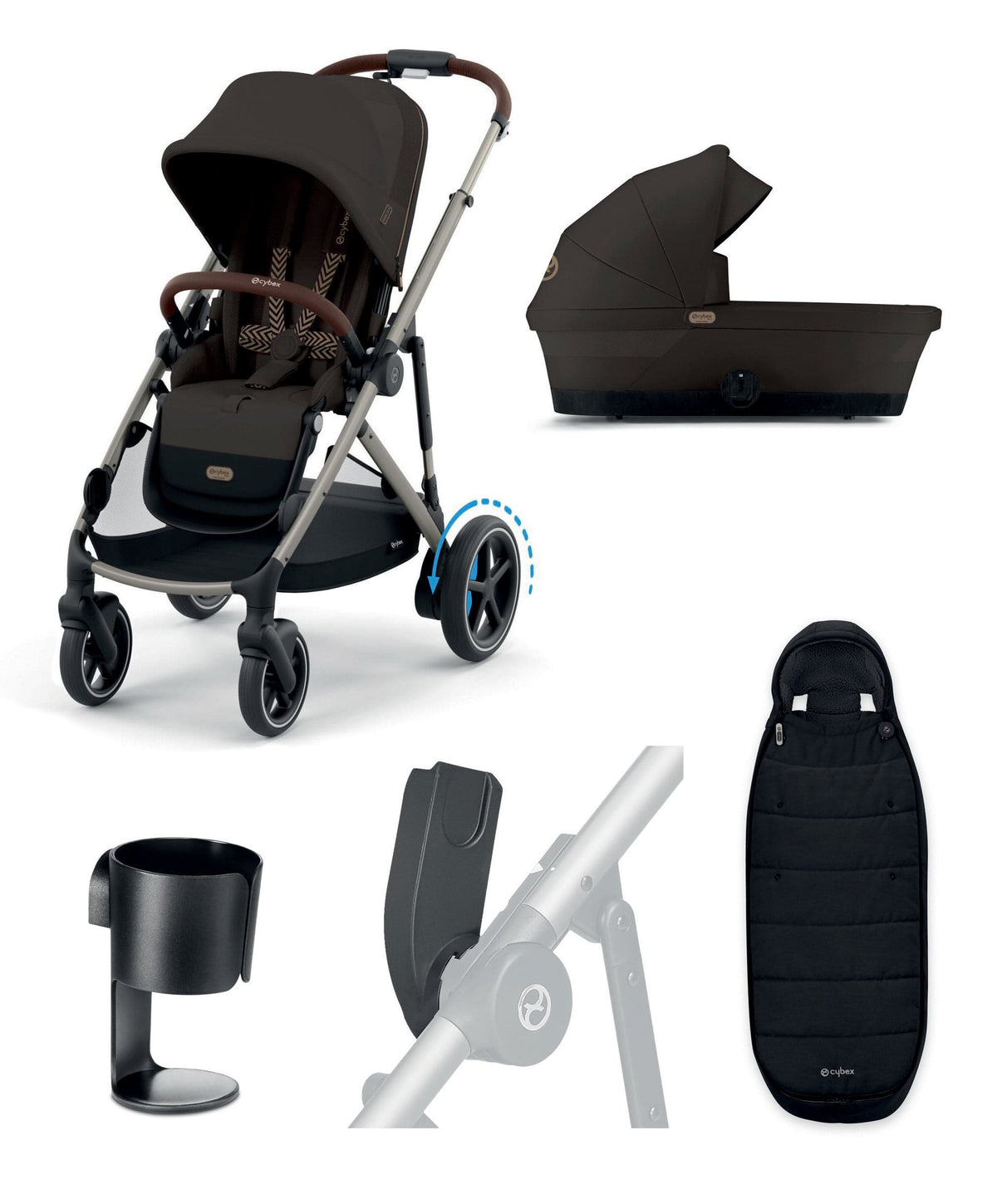 Cybex e-Gazelle S Electric Single to Double Pushchair Bundle (5 Pieces) - Chocolate Brown