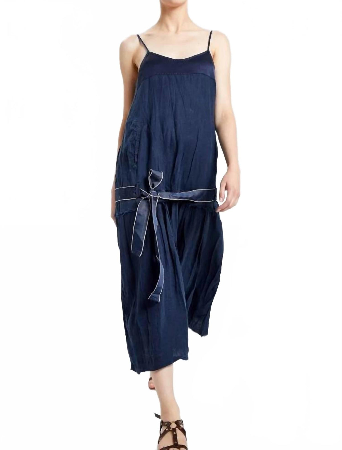 Linen Midi Sundress In Navy