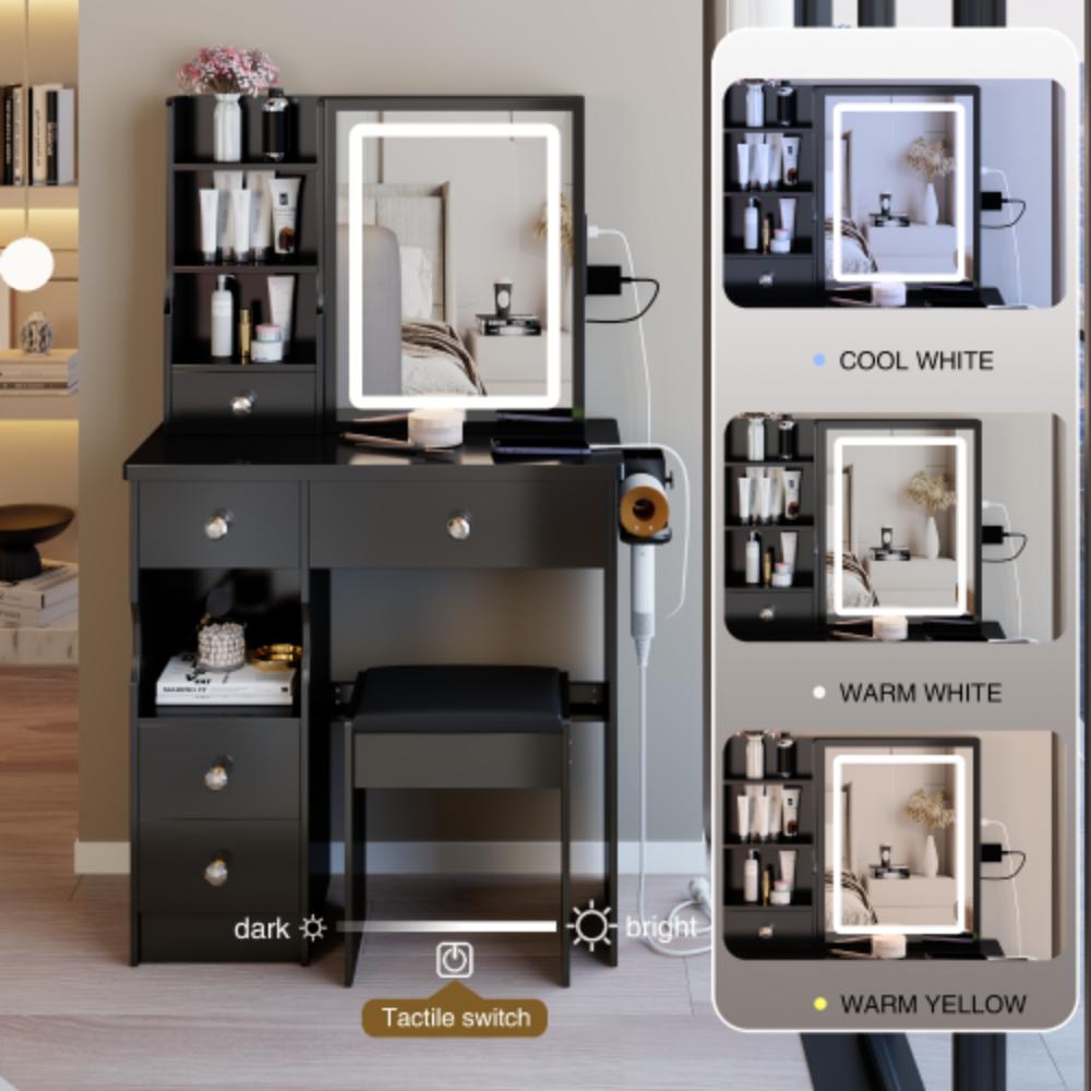 Modern Vanity Desk with Cushioned Stool and LED Mirror