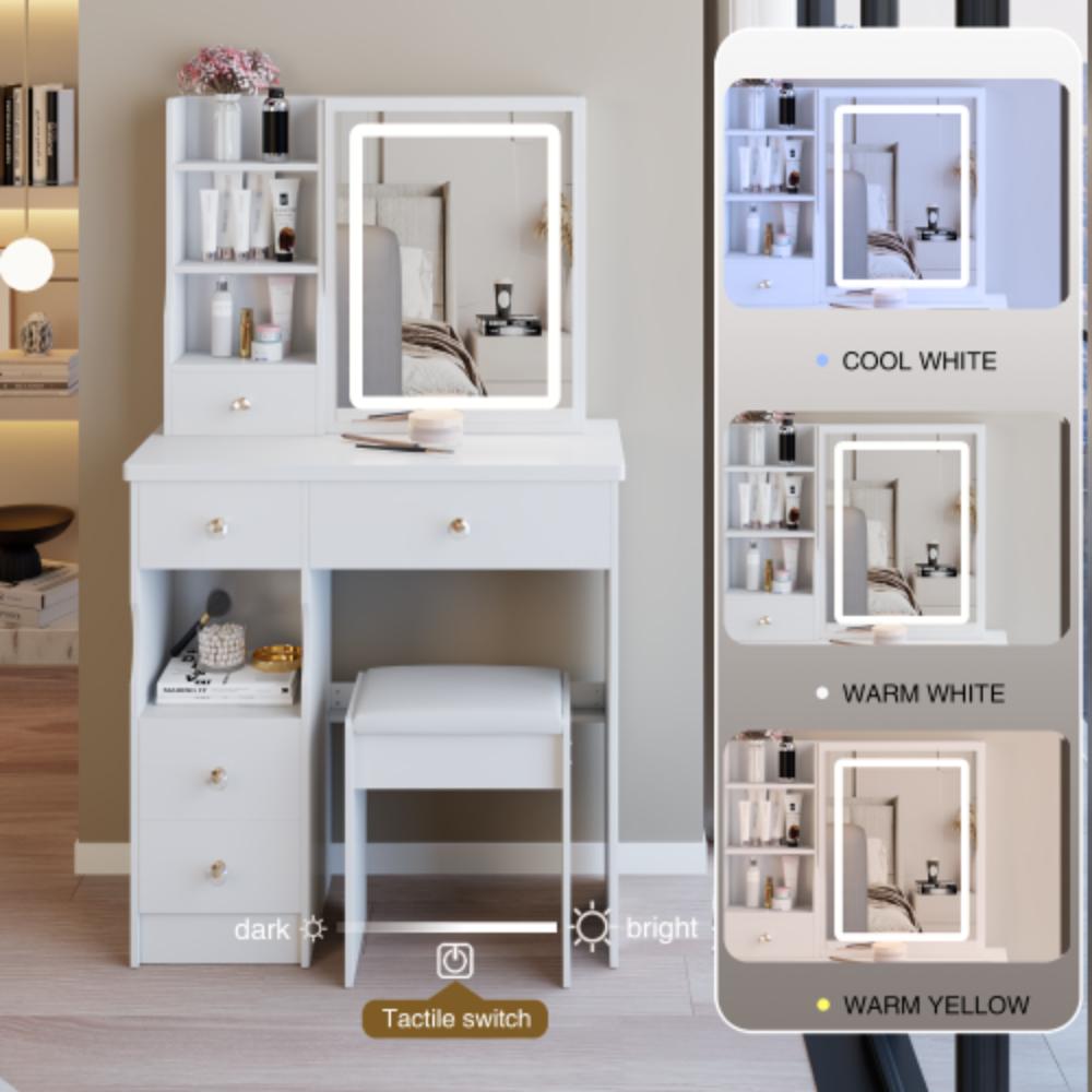 Compact Vanity Desk with Touch-Control LED Mirror and Stool