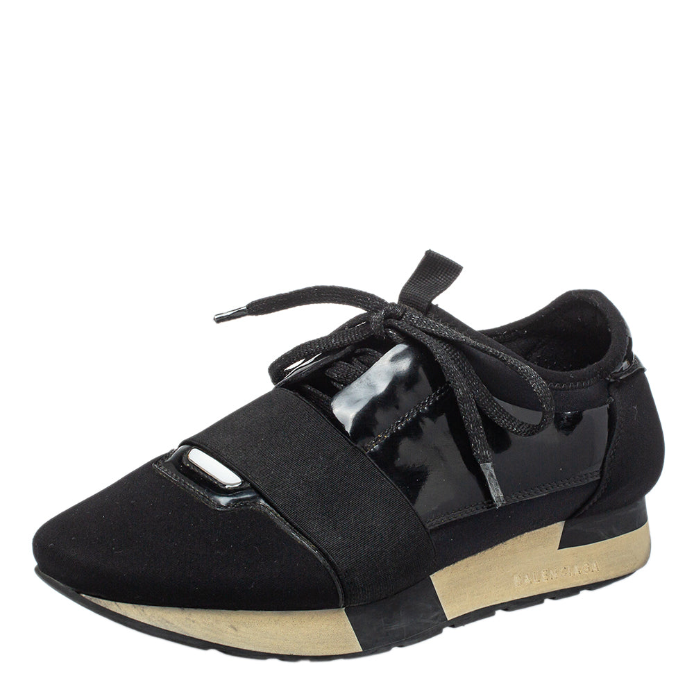 Balenciaga Black Patent Leather And Neoprene Race Runner Low Top Sneakers Size 38