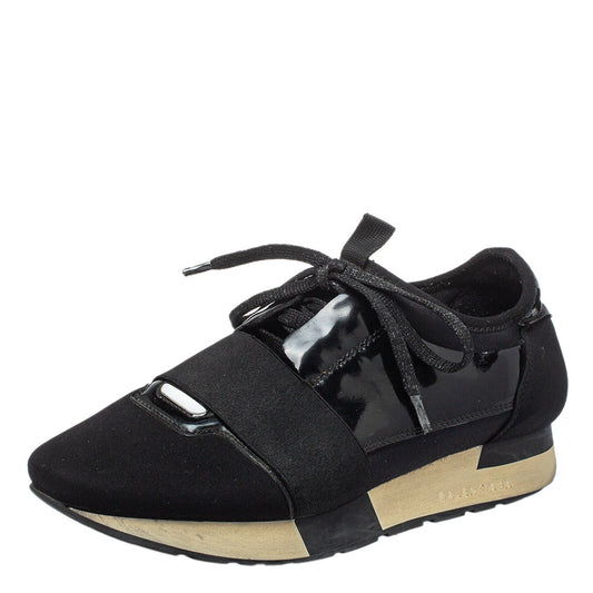 Balenciaga Black Patent Leather And Neoprene Race Runner Low Top Sneakers Size 38